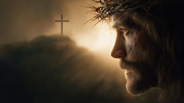 Jesus Christ Wearing Crown of Thorns and Cross Against Landscape