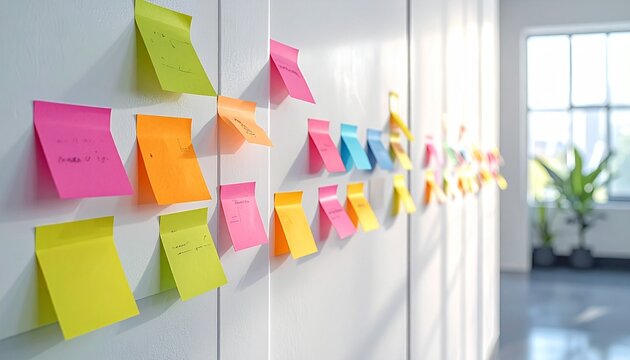Colorful sticky notes arranged on whiteboard columns, representing agile workflow, project planning, and organized task management system.