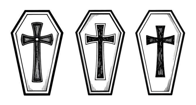 coffin, cross, funeral, death, grave, burial, coffinbox, casket, religion, christian, symbol, black, white, vector, illustration, icon, mourning