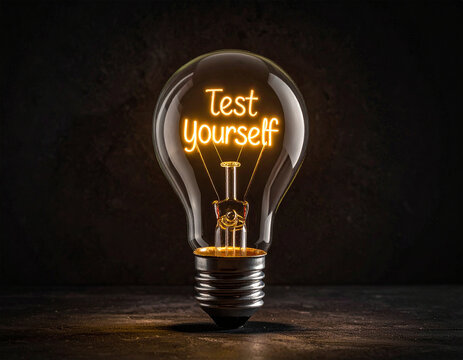 Test yourself - Glühbirne mit einem Glühdraht das aussieht wie das Wort "Test yourself" 