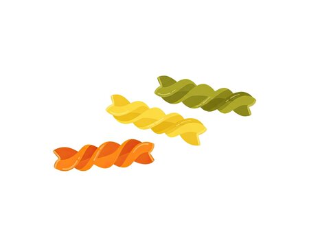 Three colorful fusilli pasta shapes in orange, yellow, and green, presented as a group on a white background