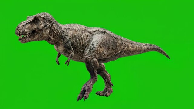 3d t-rex dinosaur walking on green screen background