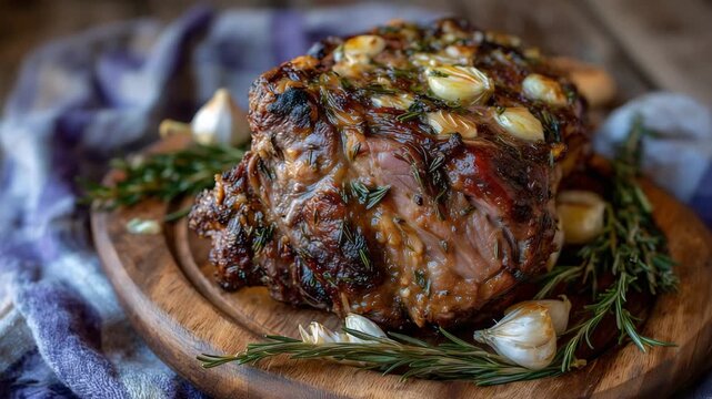 Overhead view of a whole roasted lamb leg on a large wooden serving board, herbs and roasted garlic cloves surrounding the meat, freshly sliced portions revealing moist tender text