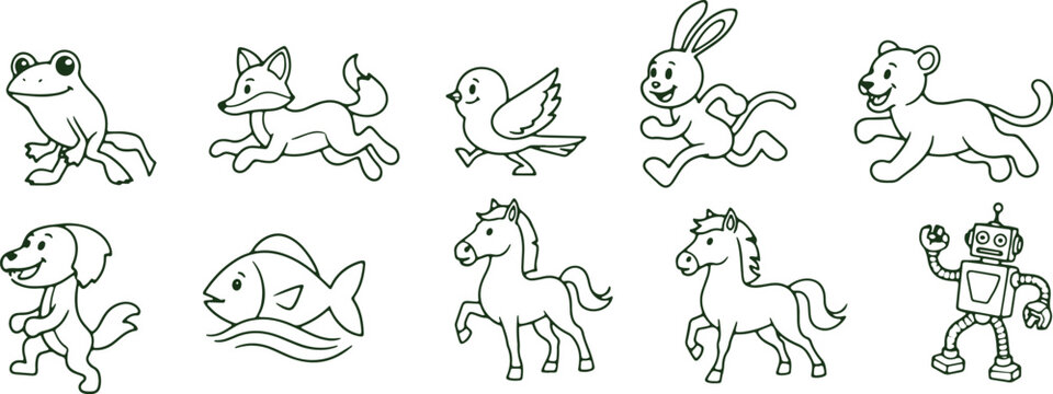 Whimsical lineup of animated creatures and a robot in motion