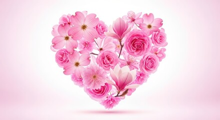 Fototapeta premium Soft pink heart-shaped bouquet of fresh peonies and roses on pastel background, flowers