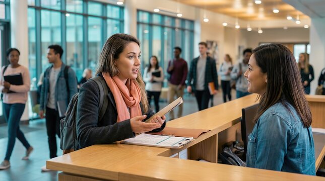 Female students engaged in conversation at a reception desk inside a university campus building, with other students walking in the background