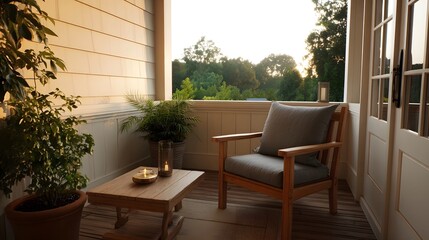 Fototapeta premium An elegant outdoor reading nook bathed in soft sunset light featuring a comfortable wooden chair and lush surrounding greenery