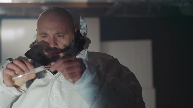 Caucasian scientist in protective suit examining vial, bald bearded man handling frozen sample inside abandoned cold storage, stacked boxes with frost, dim industrial light, tense investigative mood,