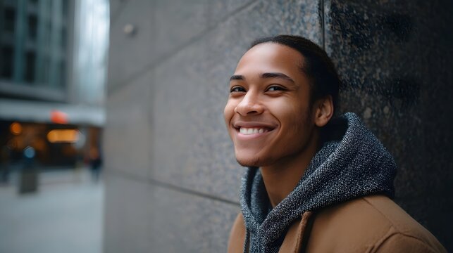 A young man smiles genuinely while standing in a modern minimalist urban setting capturing a moment of joy and confidence