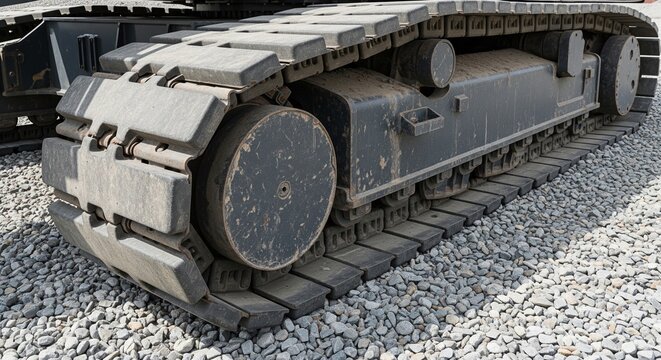 Close up of heavy metal continuous tracks on construction vehicle.