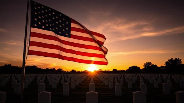 American Flag Waving Over Military Cemetery with Rows of Headstones at Sunset