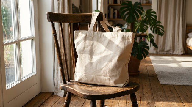 A simple beige canvas tote bag rests on a rustic wooden chair in a sunlit room.