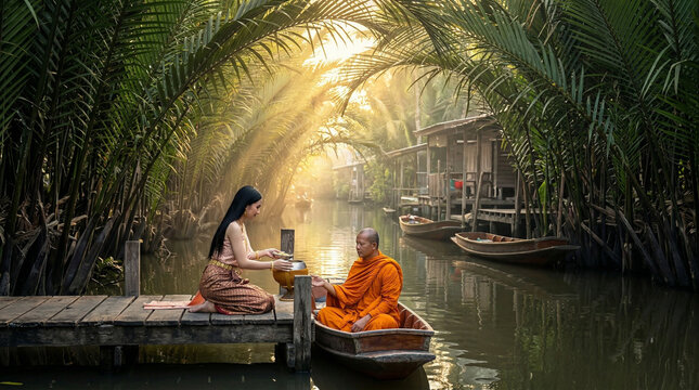 Thai Woman Giving Food Alms to Monk in Boat on Canal in the morning,culture,religion