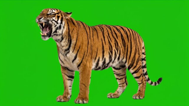bengal tiger roaring isolated on green background