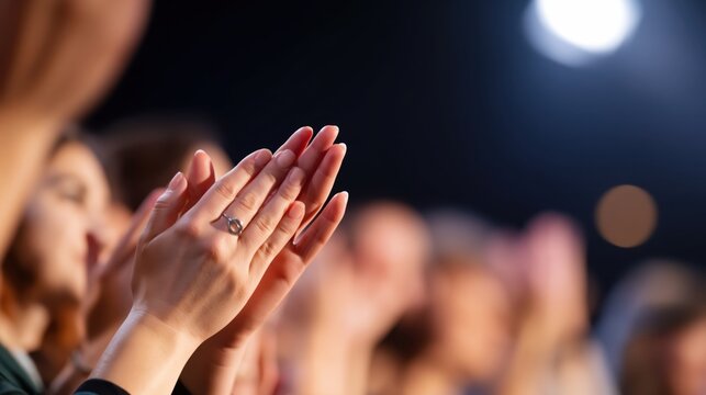 Close-up of audience clapping hands at live event with blurred stage lights