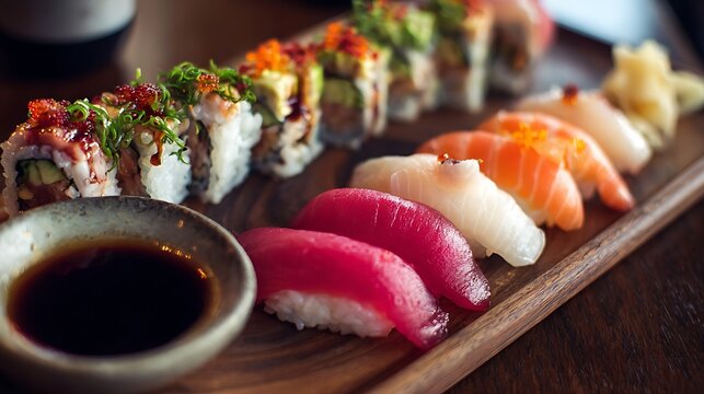 Assorted Sushi Platter on a Wooden Board / 木製ボードに盛られた寿司の盛り合わせ