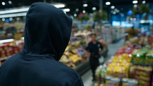 Wide perspective of a hooded individual walking slowly through a supermarket aisle, police officer standing at the end, shelves filled with colorful products around, soft focus and