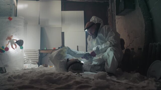 Scientist in protective suit examines sample inside abandoned house laboratory, frostcovered floor and piled snow, dim lamp illuminating gloved hands handling vial, tense sterile atmosphere suggesting