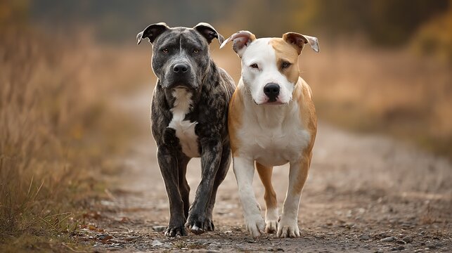 Two Dogs Walking Together on an Autumn Path / 秋の小道を一緒に歩く2匹の犬