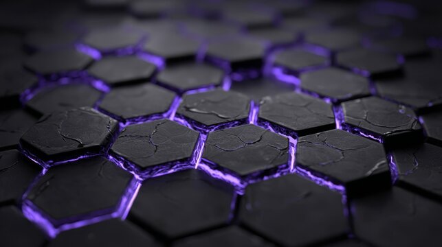 Dark metallic honeycomb structure captured in close-up, featuring glowing purple lines and water droplets