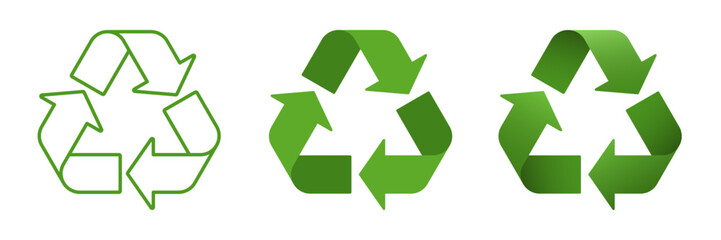 Fototapeta premium Eco green recycle symbol set, triangle triple arrow for waste sorting, line, flat, 3D effect. Vector