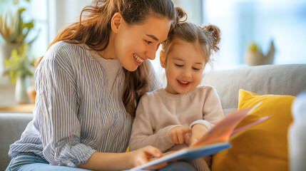 Obraz premium Smiling mother and daughter reading a picture book together on a cozy sofa in a bright living room.