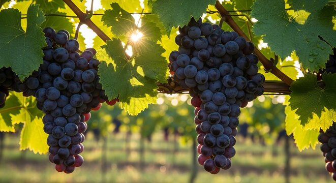 Fresh grape clusters growing on vine in vineyard with natural lighting and organic environment, representing agriculture, freshness, and healthy lifestyle.