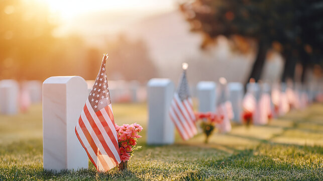 American flags on military headstones at national cemetery at sunrise, honoring veterans and fallen soldiers.