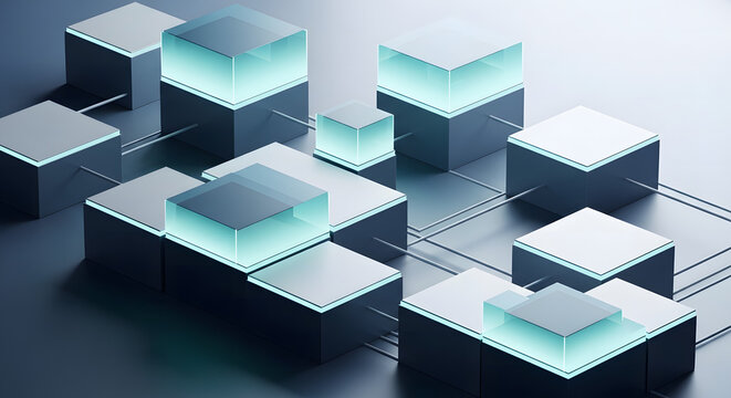 Abstract digital data flow across an interconnected network of glowing blocks, symbolizing advanced technology infrastructure and swift processing