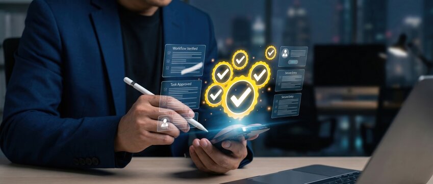 Digital workflow optimization techniques urban office business process management nighttime environment close-up view technology integration for enhanced productivity