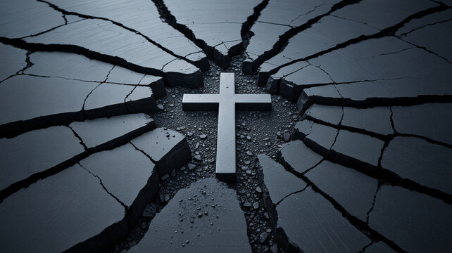 A white cross stands resilient in a cracked and broken dark background