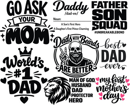 Father&rsquo;s Day typography bundle, dad quotes svg, bearded dad design, daddy definition lettering, best dad ever, father son squad, funny dad sayings, printable vector set