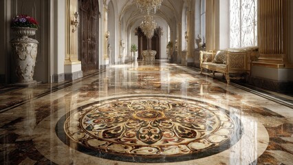 Obraz premium Opulent Grand Hallway with Intricate Marble Floor Medallion, Classical Architecture, and Elegant Gold Accents in a Luxury Interior Setting