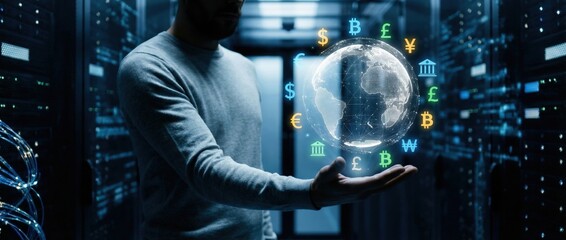 Naklejka premium Global financial exchange event digital network 3d visualization server room close-up view currency symbols and economic concepts