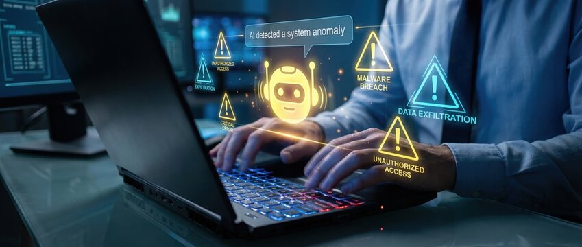 Monitoring cybersecurity breaches with ai technology in a modern office environment analyzing data security risks and system anomalies from a close-up perspective