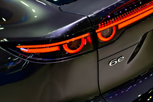 Thailand-March 26,2026:Close-up of modern LED taillight design on a new Mazda 6e electric vehicle at the 47 Bangkok International Motor Show