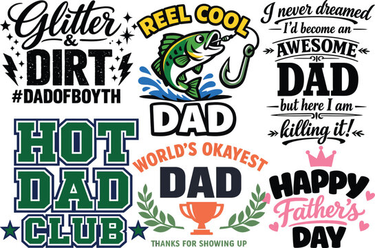 Father&rsquo;s Day typography bundle, dad quotes svg, funny dad sayings, fishing dad design, reel cool dad, hot dad club, best dad ever lettering, printable vector set