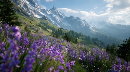 Obraz premium Alpine Meadow with Purple Wildflowers and Snowy Peaks / 紫の野花と雪山が広がるアルプスの牧草地