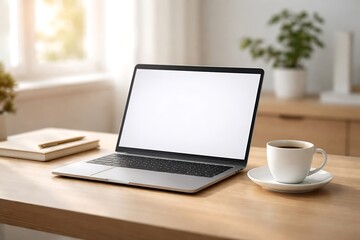Fototapeta premium Modern workspace with laptop, books, and coffee on a wooden desk