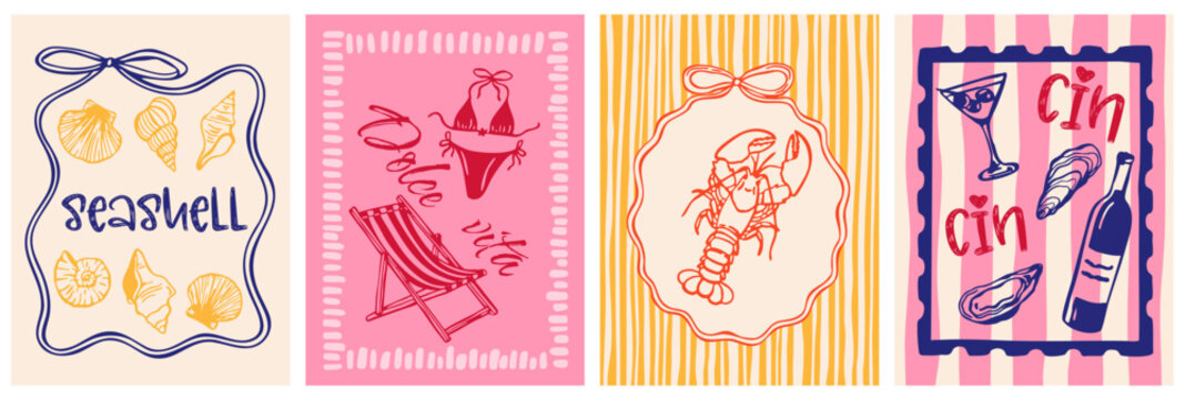 A set of hand-drawn posters featuring lobster, shells, wine, and beach elements. Perfect for restaurant menus, seafood branding, beachside cafes, packaging, and advertising.