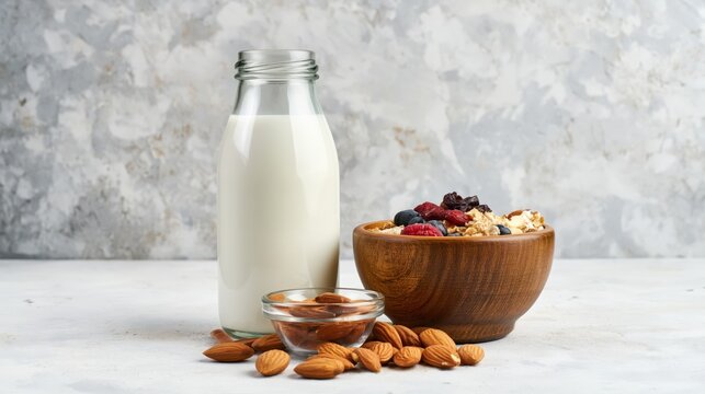 Bottle of almond milk with granola and berries in wooden bowl, almonds and spice on light stone background for healthy breakfast.