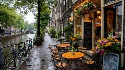 Fototapeta premium Reflective Canal View After Rain in Amsterdam / 雨上がりのアムステルダムの反射する運河の眺め