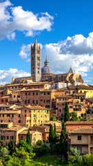 Fototapeta premium A scenic view showcases a grand cathedral dominating a cityscape of terracotta-roofed buildings under a partly cloudy sky