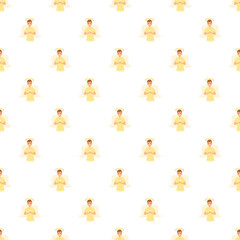 Fototapeta premium Repeating illustration of angelic figures with halos and wings, hands clasped