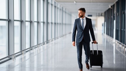 Fototapeta premium Business traveler in suit walking through airport terminal with rolling suitcase in bright, modern corridor.