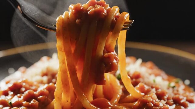 Close-Up of Steaming Spaghetti Bolognese on a Fork
