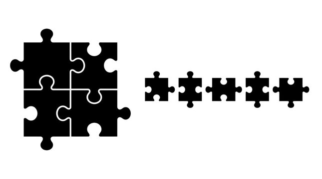 Abstract jigsaw puzzle pieces forming a 2x2 cluster and a connected row, symbolizing teamwork, problem solving, and collaboration