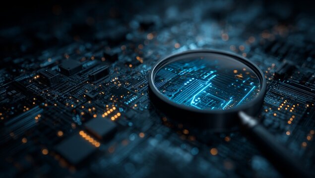 A close-up view through a magnifying glass reveals a computer chip on a circuit board, surrounded by a digital abstract background of glowing data, suggesting a cyber security audit and electronic