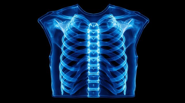 An in‑depth X‑ray of the upper human torso that reveals the clavicle, scapula, ribs, spine, and surgical hardware