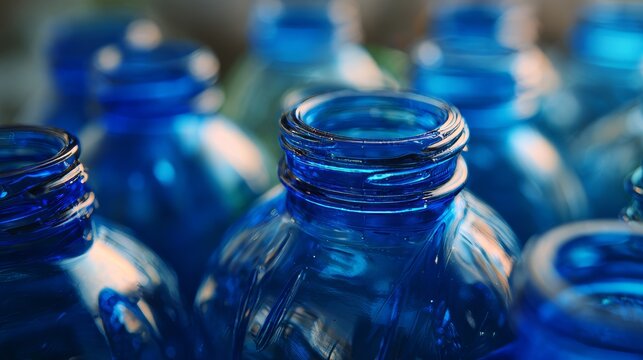 A close-up view of numerous tiny blue water bottle caps inside a factory